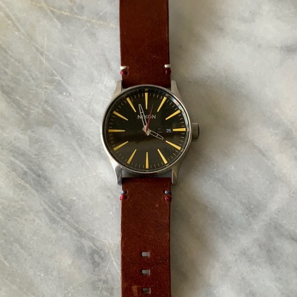Nixon Silver and Brown Leather Watch